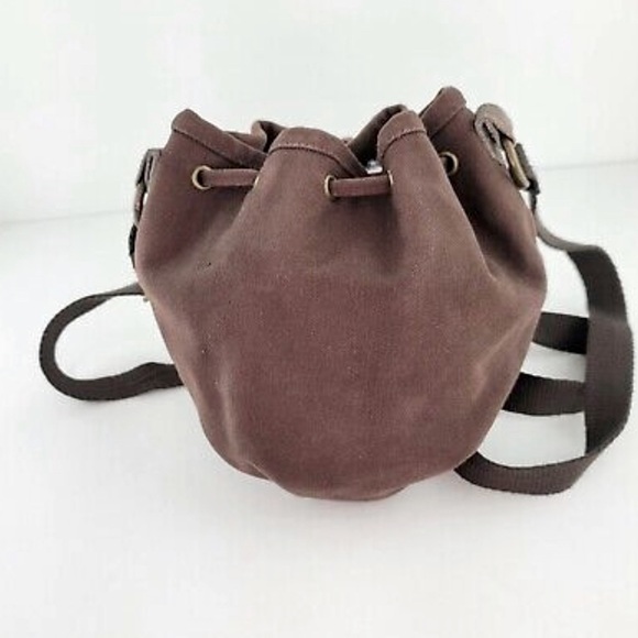 American Eagle Brown Canvas Bucket Drawstring Crossbody Bag with Suede Leather - Picture 6 of 11